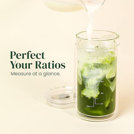 Slow Sippin' Glass Tumbler with Straw & Lid – 11.8oz / 350ml Double-Walled Glass Coffee Cup, Matcha Cup with Volume Markings, Tritan® Straw & Cleaner – Reusable, BPA-Free Iced Coffee Tumbler