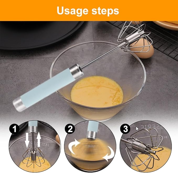 Stainless Steel Egg Whisk, 2025 New Semi-Automatic Whisk Hand Push Rotary Whisk Blender for Baking Cooking, Kitchen Hand Mixer Stirrer Tool for Beating Eggs, Butter, Milk (Blue, 14in)