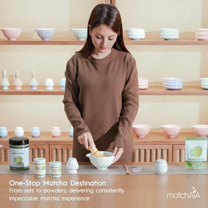 Matcha Whisk Set - Ceramic Bowl, Bamboo Whisk with Holder, Sifter, Schima Spoon, Spoon Rest and Tea Towel - 7 Pcs Complete Kit for Traditional Matcha and Modern Lattes (Green)