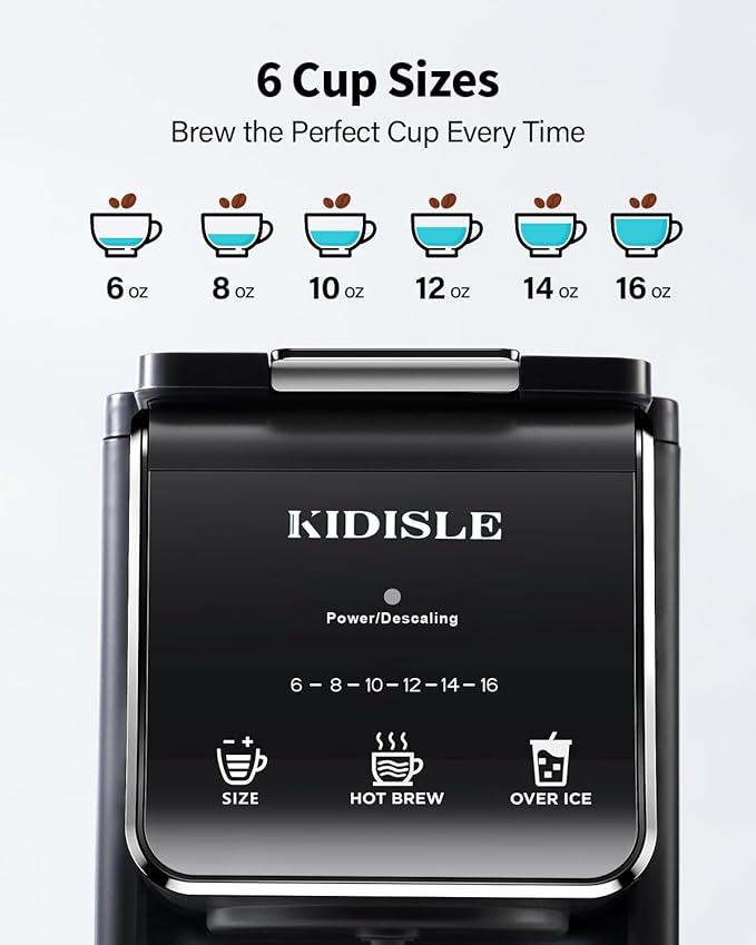 KIDISLE Single Serve Coffee Maker – Hot & Iced, K Cup & Ground Compatible, Reusable Pod Filter, 6–16oz Brew Sizes, 40oz Water Tank, Easy-to-Use, Black