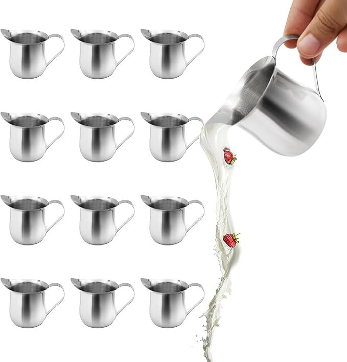 12Pack 3 Oz Small Creamer Pitcher, Stainless Steel Bell Creamers, Mini Creamer Dispenser with Pouring Spout for Cream, Milk, Salad Dressing, Maple Syrup