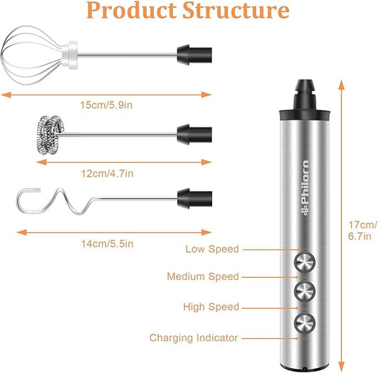 Philorn Coffee Rechargeable Frother With Stand, Handheld Frother Wand for Coffee with 3 Heads 3 Speed, Drink Mixer Handheld Electric Stirrer for Latte, Cappuccino, Matcha, Almond Milk