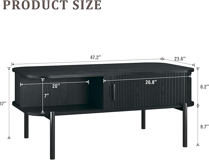 Coffee Table, 39.4" Mid Century Modern Coffee Tables for Living Room, Coffee Table with Storage Open Shelf, Fluted Table with Sliding Cabinet Door, 2-Tier Rustic Wood Desktop, Black