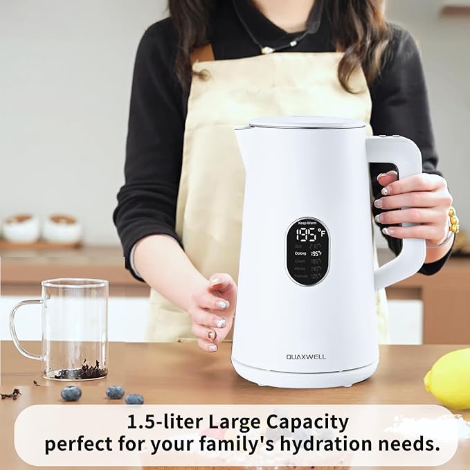 1.5L Electric Kettle Stainless Steel, Double Wall Cool Touch Teapot, Fast Boil,5 Temperature Control, LED Display, Auto Shut-Off,Keep Warm Function (Porcelain White)