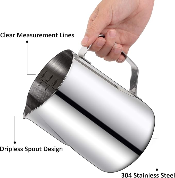 Nicunom Milk Frothing Pitcher 50oz, 304 Stainless Steel Milk Frother Cup 1500ml Steaming Pitchers with Art Pen, Espresso Cappuccino Latte Art Barista Coffee Accessories