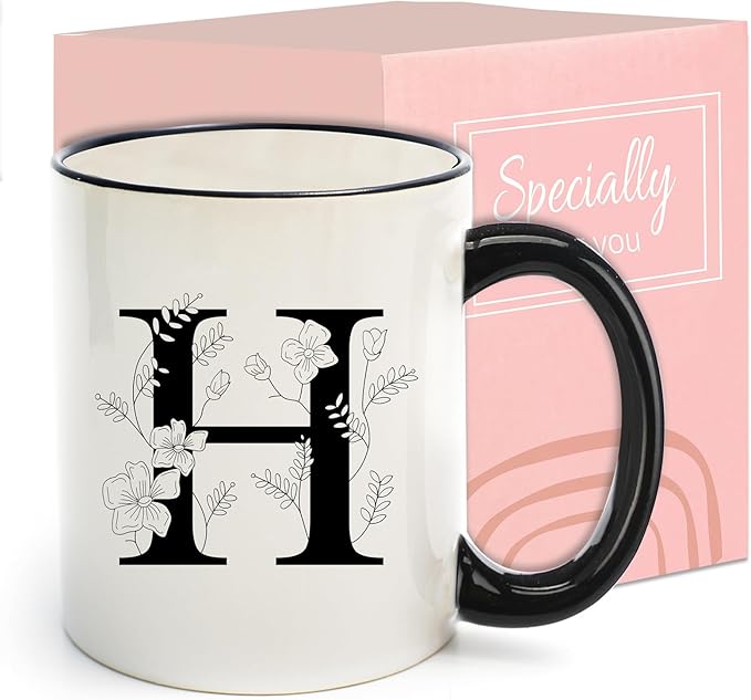 Monogram Ceramic Coffee Mugs, 11 oz Initial Drinking Cup with Gift Box, Unique Birthday Christmas Gifts for Women Wife Mothers Day Grandma Mom Aunt, H