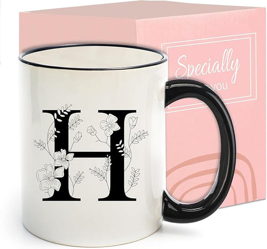 Monogram Ceramic Coffee Mugs, 11 oz Initial Drinking Cup with Gift Box, Unique Birthday Christmas Gifts for Women Wife Mothers Day Grandma Mom Aunt, H