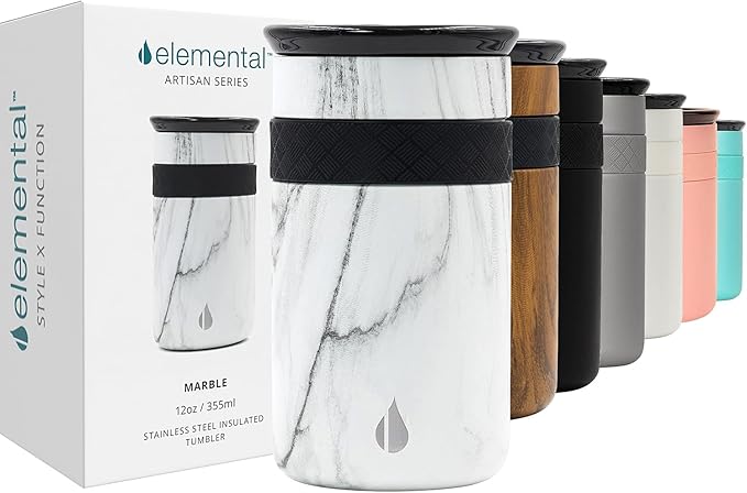 Elemental Artisan Insulated Tumbler, Triple Wall Coffee Travel Mug, Reusable Stainless Steel Coffee Tumbler with Ceramic Lid, Thermal Coffee Cups for Hot (6 Hrs) & Cold (18 Hrs), 12oz - White Marble