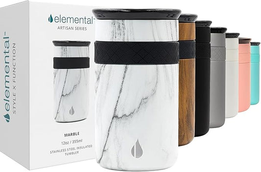 Elemental Artisan Insulated Tumbler, Triple Wall Coffee Travel Mug, Reusable Stainless Steel Coffee Tumbler with Ceramic Lid, Thermal Coffee Cups for Hot (6 Hrs) & Cold (18 Hrs), 12oz - White Marble