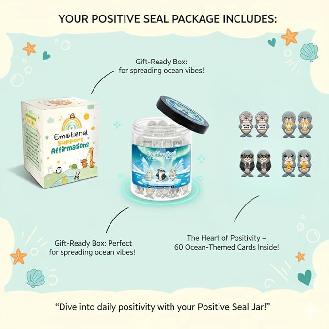 Positive Seal Jar with 60 Affirmation Cards, Emotional Support Seal, Teacher Appreciation Gift, Mental Health and Office Decor, Funny Gift for Boys and Birthdays