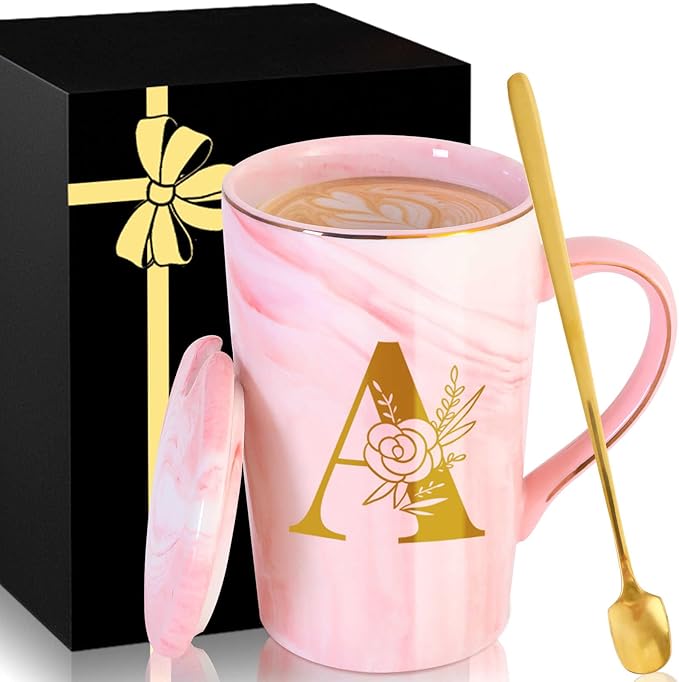 Personalized Ceramic Women Coffee Mug Tea Cup with Lid Heavy Pretty Large Pink Customized Cool Cute Women Birthday Christmas Gift for Her Wife Mother Day Grandma Girlfriend Friend Friendship Unique,A