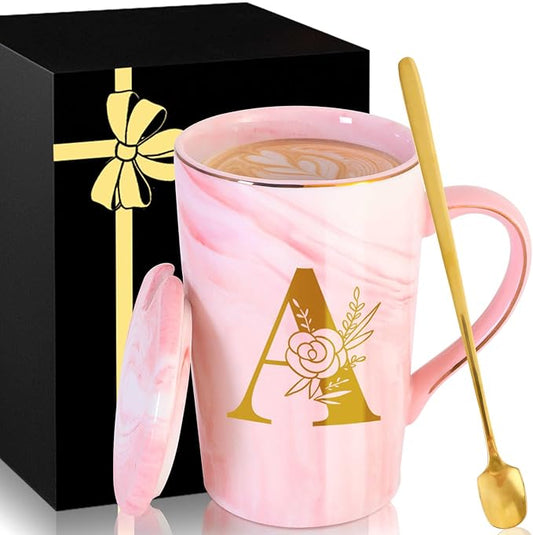 Personalized Ceramic Women Coffee Mug Tea Cup with Lid Heavy Pretty Large Pink Customized Cool Cute Women Birthday Christmas Gift for Her Wife Mother Day Grandma Girlfriend Friend Friendship Unique,A