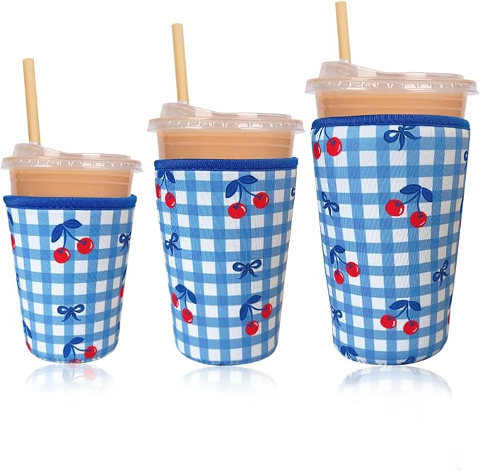 Reusable Insulated Neoprene Iced Coffee Cup Sleeve, Durable Drink Sleeve for Cold Beverages, Beverage Holder for Iced Coffee, Cherry Bows