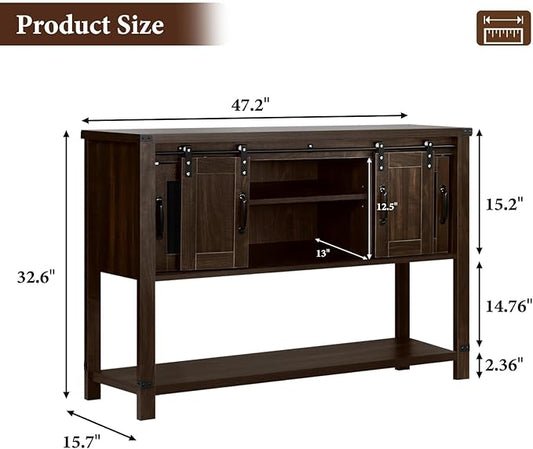 4ever2buy Farmhouse Coffee Bar Cabinet with Storage, 47'' Coffee Bar Table with Sliding Barn Door, Buffet Cabinet with Metal Mesh Doors, Console Table with Bottom Open Shelf, Brown
