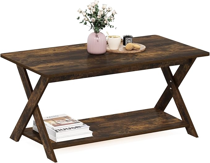 Furinno Modern Simplistic Coffee Table, 2-Tier Rectangle Modern Coffee Table with Open Shelf and X-Legs, Criss-Crossed Side Table, for Living Room, Bedroom, Home Office, Amber Pine