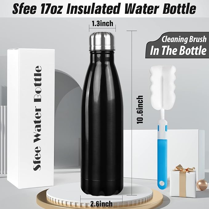 Sfee Insulated Water Bottle, 17 oz Stainless Steel Water Bottles, Double Wall Vacuum Reusable Water Bottles Leak Proof BPA-FREE Sports Bottle Cup Keep Hot&Cold for Running Gym Workout Cycling Kids