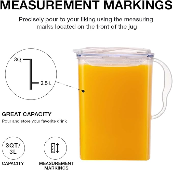 LocknLock Aqua Fridge Door Water Jug with Handle BPA Free Plastic Pitcher with Flip Top Lid Perfect for Making Teas and Juices, 3 Quarts, Clear