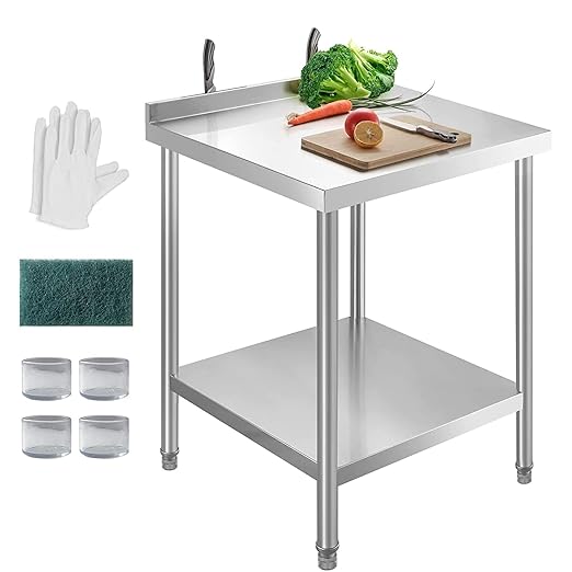 NSF Stainless Steel Table for Prep & Work with Backsplash 24x18 Inches, Metal Commercial Kitchen Table with Under Shelf and AdjustableTable Foot for Restaurant, Home and Hotel