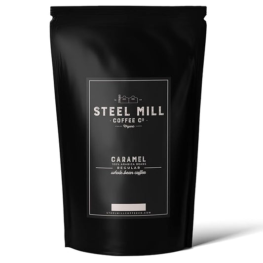 Steel Mill Coffee Co. | Caramel Gourmet Flavored Coffee | 2 LB Bag | Whole Bean | Medium Roast | Rich Caramel Notes | 100% Arabica Beans | Vegan, Gluten-Free, Sugar-Free
