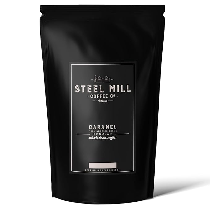 Steel Mill Coffee Co. Caramel Flavored Ground Coffee – 2 LB Bag | Medium Roast Colombian Arabica | Vegan, Gluten-Free, Sugar-Free, Dairy-Free | Smooth Rich Caramel | Grown in Colombia