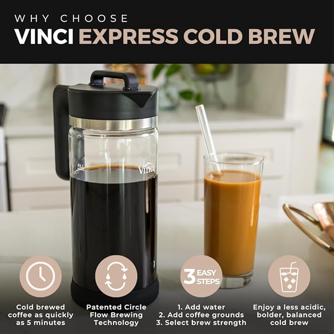 VINCI Express Cold Brew, Electric Cold Brew Coffee Maker in 10 Minutes, Glass Carafe, 3 Brew Strength Settings & Cleaning Cycle, Easy to Use & Clean 1.4 Liters Push Button Control