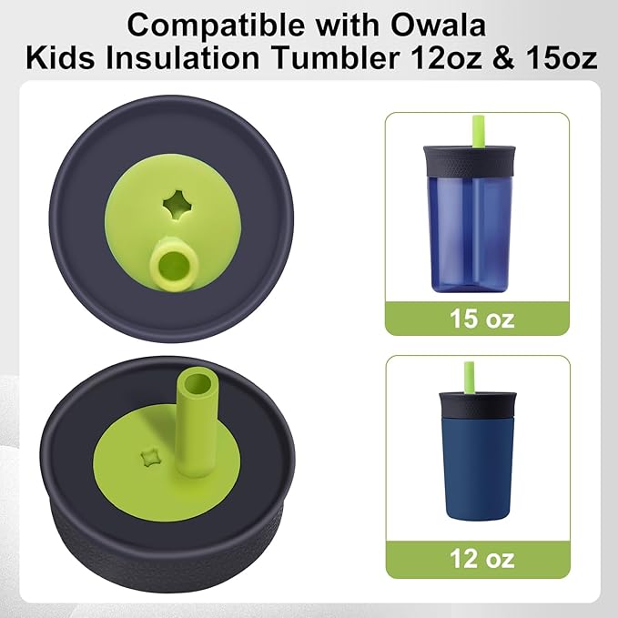 2 Pack Replacement Lids for Owala Kids Insulation Tumbler 12oz & 15oz, Spill Resistant Cap with 4 Flexible Straws, BPA-Free, Dishwasher Safe, Accessories for Owala Kids Bottle