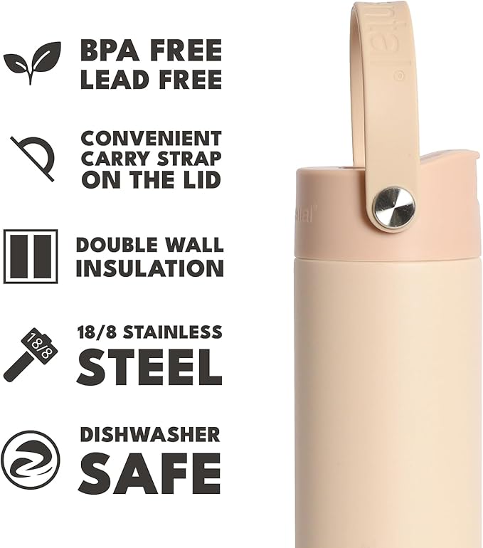 Elemental 24oz Insulated Water Bottle with Straw - 100% Leak-Proof Stainless Steel Core Water Bottles for Travel, Sports and Gym - Double Wall Insulation & BPA Free - Beige