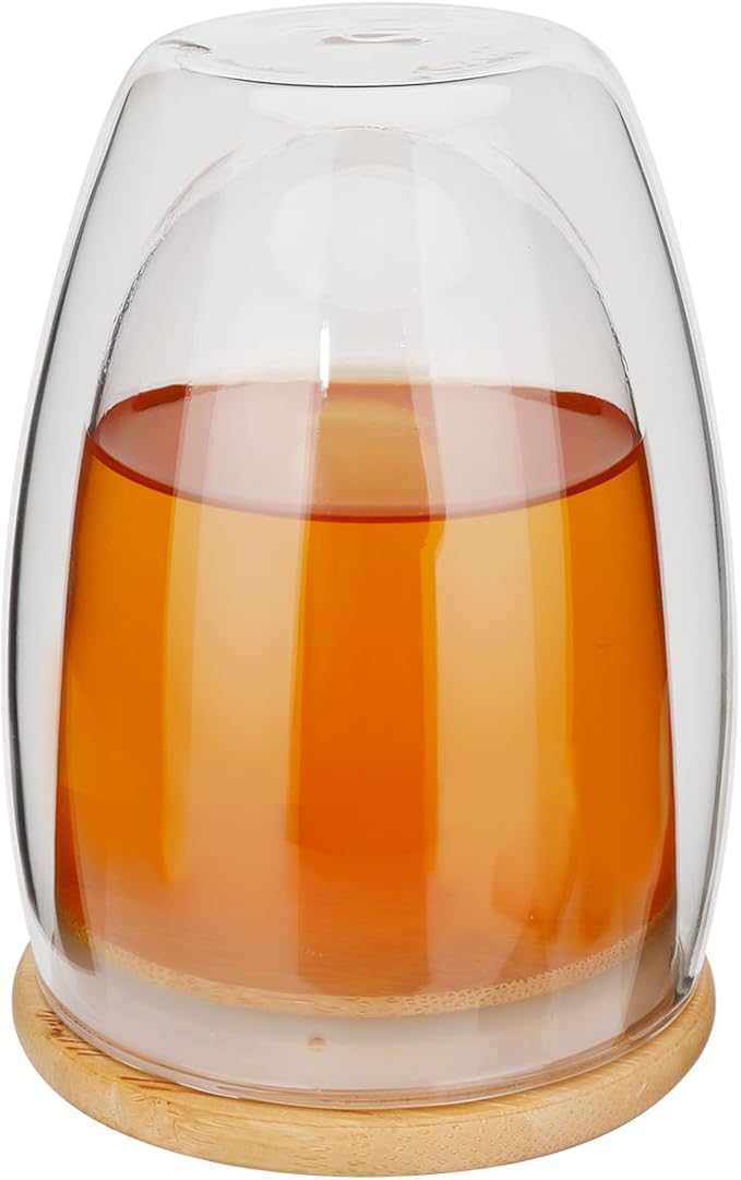 Glass Mug Set of 2, 12 Ounces Each, Double Wall Insulated Drinking Cup with Bamboo Lid, Also Good as Tea, Coffee and Wine Cups. Keeps Warm and Cold Drinks Longer. Comfortable to Touch