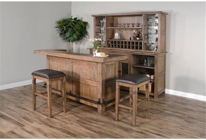 Pemberly Row 80" Farmhouse Wood Home Bar Unit, Stemware Rack, Wine Storage, Freestanding, in Taupe Brown