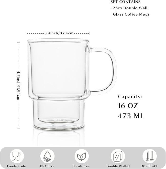INSETLAN 16oz Double Wall Glass Coffee Mugs Set of 2, Insulated Borosilicate Cups with Handles, Clear Heat Resistant Glasses Mugs for Hot Beverages, Cappuccino, Espresso, Latte, Tea