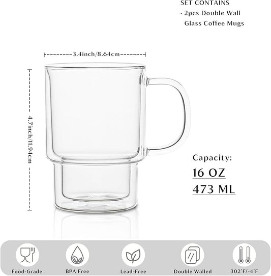 INSETLAN 16oz Double Wall Glass Coffee Mugs Set of 2, Insulated Borosilicate Cups with Handles, Clear Heat Resistant Glasses Mugs for Hot Beverages, Cappuccino, Espresso, Latte, Tea