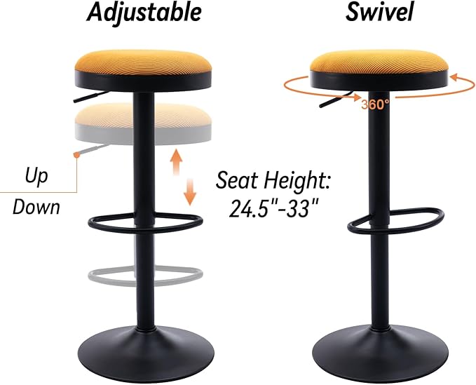 Round Swivel Counter Height Bar Stools Set of 2 Modern Adjustable Barstools Backless Corduroy Bar Chairs Industrial Island Chairs with Metal Base/Footrest for Kitchen Island/Pub/Bar, Yellow