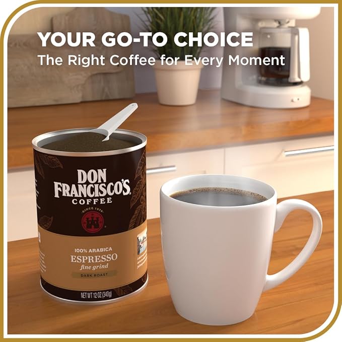 Don Francisco's Premium Espresso Dark Roast Ground Coffee: Rich, Aromatic 100% Arabica Beans - Family Crafted Flavored Coffee for a Delightful Morning Brew (12 oz Can)