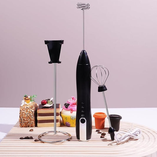 Rechargeable Milk Frother Handheld with Stand, Coffee Foam Frother Wand, Detachable Stainless Steel Whisk Drink Mixer for Coffee, Cappuccino, Lattes, Frappe, Matcha,Egg and Hot Chocolate, (Black)