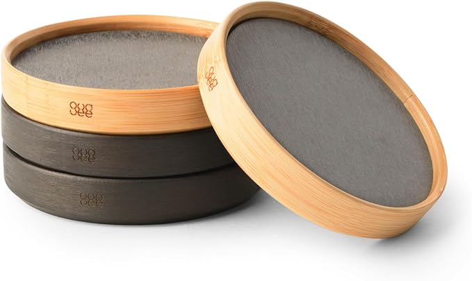 GUDEE TRIVI Set of 4 Absorbent Diatomite Coasters With Diatomaceous Earth and Bamboo Frame, Water Absorbing for Bottles, Dry Table, Countertop, Sink Area, Kitchen Bathroom Surface, Grey