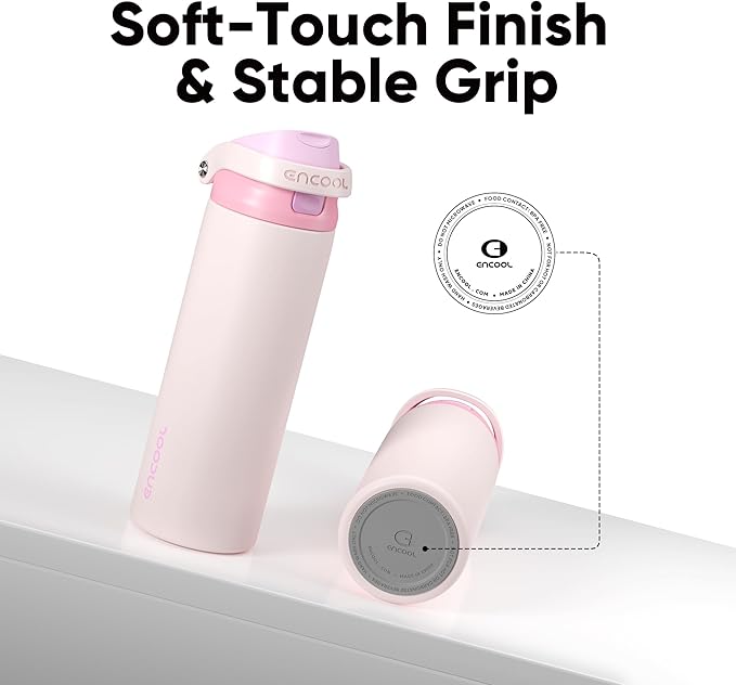 ENCOOL Leakproof Insulated Water Bottle with Straw Dual-Sip Water Bottle Bag-Safe Design for Work, Commute & Gym – Keeps Drinks Cold All Day, 24 oz, Macaron Pink