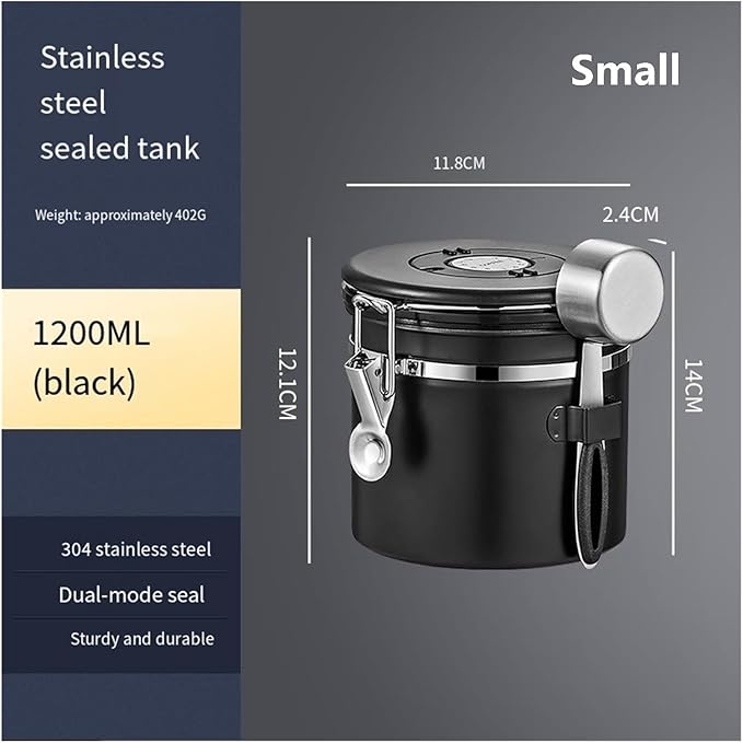 1200/1500/1800/2800ML Large Capacity Coffee Bean Vacuum Storage Container - Food-Grade Stainless Steel Airtight Canister With One-Way Air Valve For Grains, Tea, Nuts & Coffee Grounds(Black,Small)