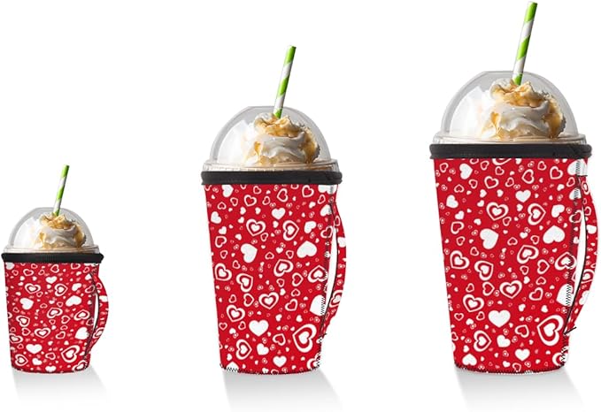 Red White Love Heart Reusable Coffee Sleeves Iced Coffee Cozy Insulator,Valentine's Day Neoprene Holder with Handle for Cold Coffee or Ice Drink, Small 16-18oz