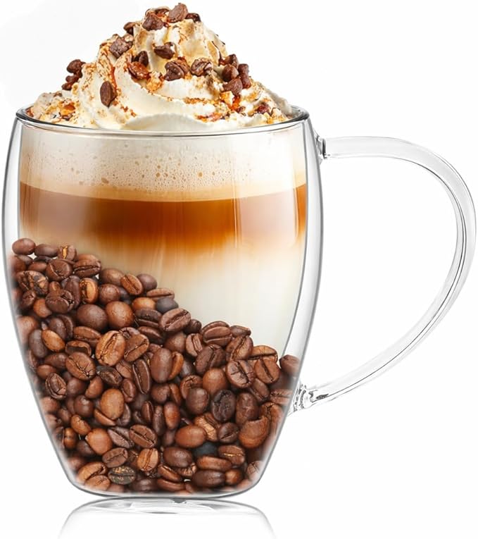 Glass Coffee Cup Mug - 16 Oz, Insulated Double Walled Coffee Cup with Beans, Large Clear Cute Iced Espresso Cappuccino Latte Tea Cup with Handle, Heat Resistant For Hot Drinks Beverage Liquor Shots
