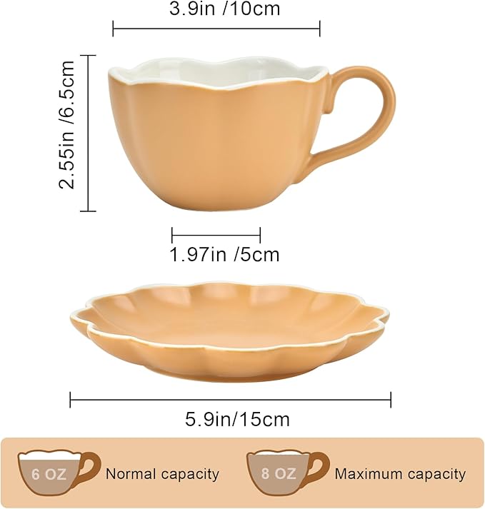 MyBudsBuzz Ceramic Espresso Cups with Saucers 6 oz,Coffe Cups for Cappuccino,Latte,Tea with Saucers Set of 2 - Flower - Caramel Brown