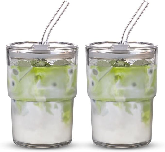 13oz/400ml Tumbler Water Glass, Cups with Straw and Lid Sealed Carry on for Coffee, Iced Tea, Thick Wall Insulated Glass Cup (white,2pack)