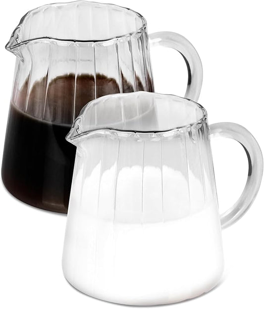 Loscarol 2 Pcs Creamer Pitcher, Elegant Wave Shaped Glass Milk Pitcher, for Coffee, Tea, Serving Milk Frothing Cup Creamer Jug for Kitchen, 8.5 oz