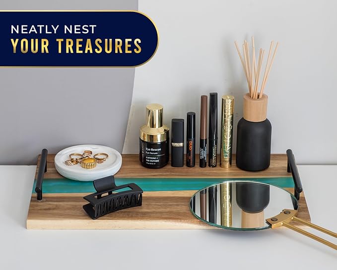 Comfify Visually Stunning Celeste Blue Resin + Acacia Wood Serving Board with Handles - 16x9 Serving Tray for Food, Breakfast in Bed, Coffee Table, Decor, Organization, Snacks, Patio, Lap Tray