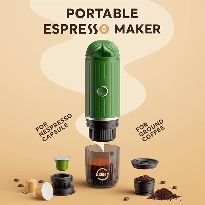 Portable Espresso Machine with 3-4 Min Self-heating, 12V Rechargeable Electric 2-in-1 Coffee Machine Compatible with NS Capsules and Ground Coffee for Car Camping Travelling Office Home , Green
