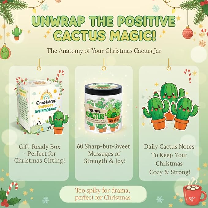 Positive Cactus Jar with 60 Daily Affirmation Cards, Emotional Support Plant Cactus Gifts, Stress Relief, Motivational Gift, Cactus Plushies, Mini Plant Toy Decor, Funny Gifts for Women, Positive Toy
