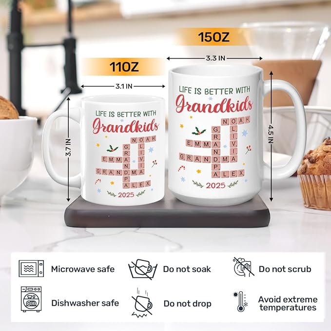 Joymade Personalized Ceramic Coffee Mug, Funny Custom Mug for Bestie, Friends, Couple, Coworker, Snowman Lovers (Life Is Better With Grandkids)