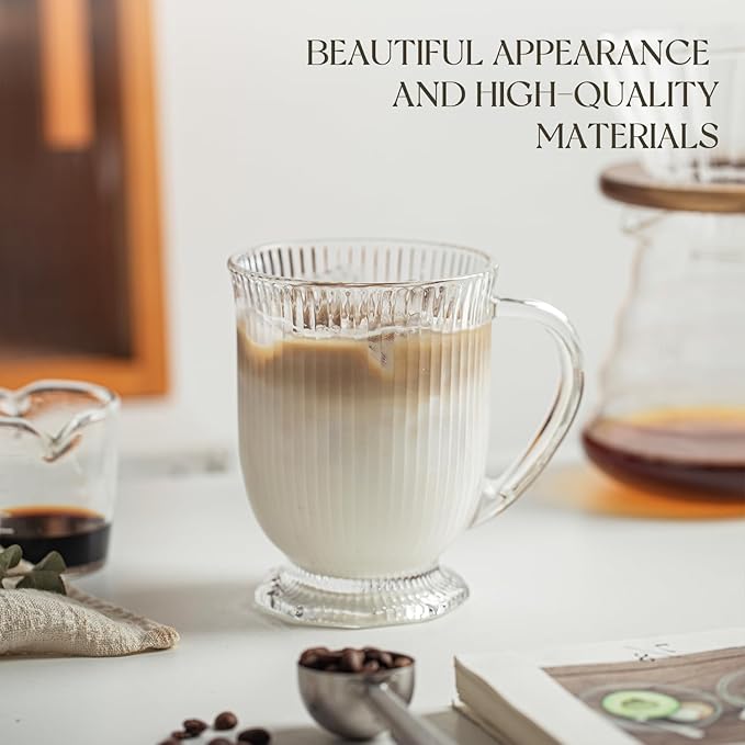 Glass Coffee Mugs Set of 4, Ribbed Large Coffee Mug 16 Oz With Handles for Hot Beverages, Clear Mugs for Tea, Cappuccino, Latte, Espresso Coffee, Glass Coffee Cups Large Coffee Mug, for Hot Beverages