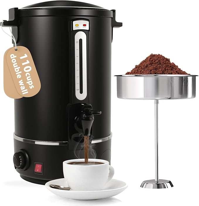 Hijolla Commercial Coffee Urn，110 Cups/16.5L Black Stainless Steel Large Coffee Dispenser，Double Wall Electric Coffee Urn，Electric Coffee Maker Urn，Commercial Percolate Coffee Maker Hot Water Urn