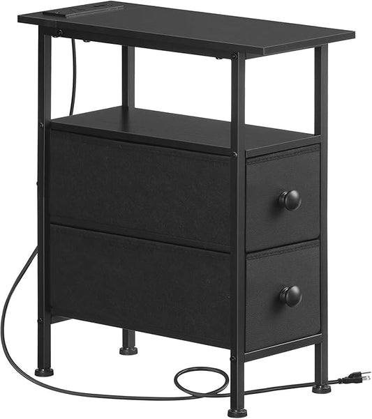 HOOBRO End Table with Charging Station, Narrow Side Table with 2 Fabric Drawers, Skinny Nightstand with Storage, Slim Bedside Table for Bedroom, Living Room, Small Spaces, Black BB487UBZ01