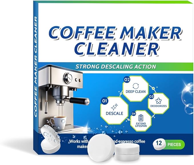 Coffee Machine Descaler Cleaner Tablets - 12 Count, Universal Fit for All Coffee Makers, Removes Oil & Mineral Buildup, Deep Cleaning Solution,1 Year Supply